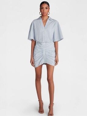 KBB BY KAHLANA Light Blue Striped Shirt Dress Women's Ruched Mini Sz Medium NWT